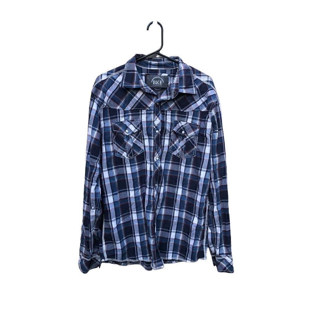 BKE Mens Size Large (L) Pearl Snap Athletic FIt Plaid Navy